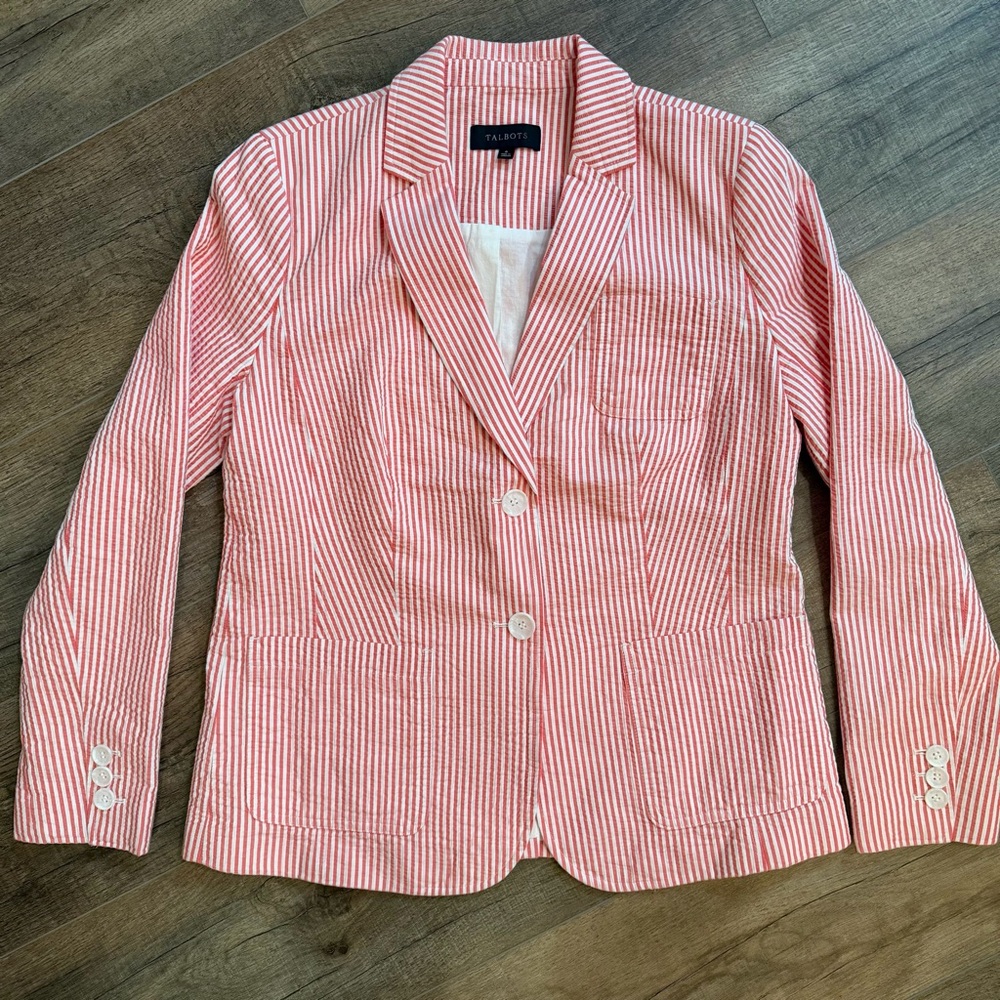 Talbots Women 6 Orange White Striped Blazer Business Casual Fitted Career Button